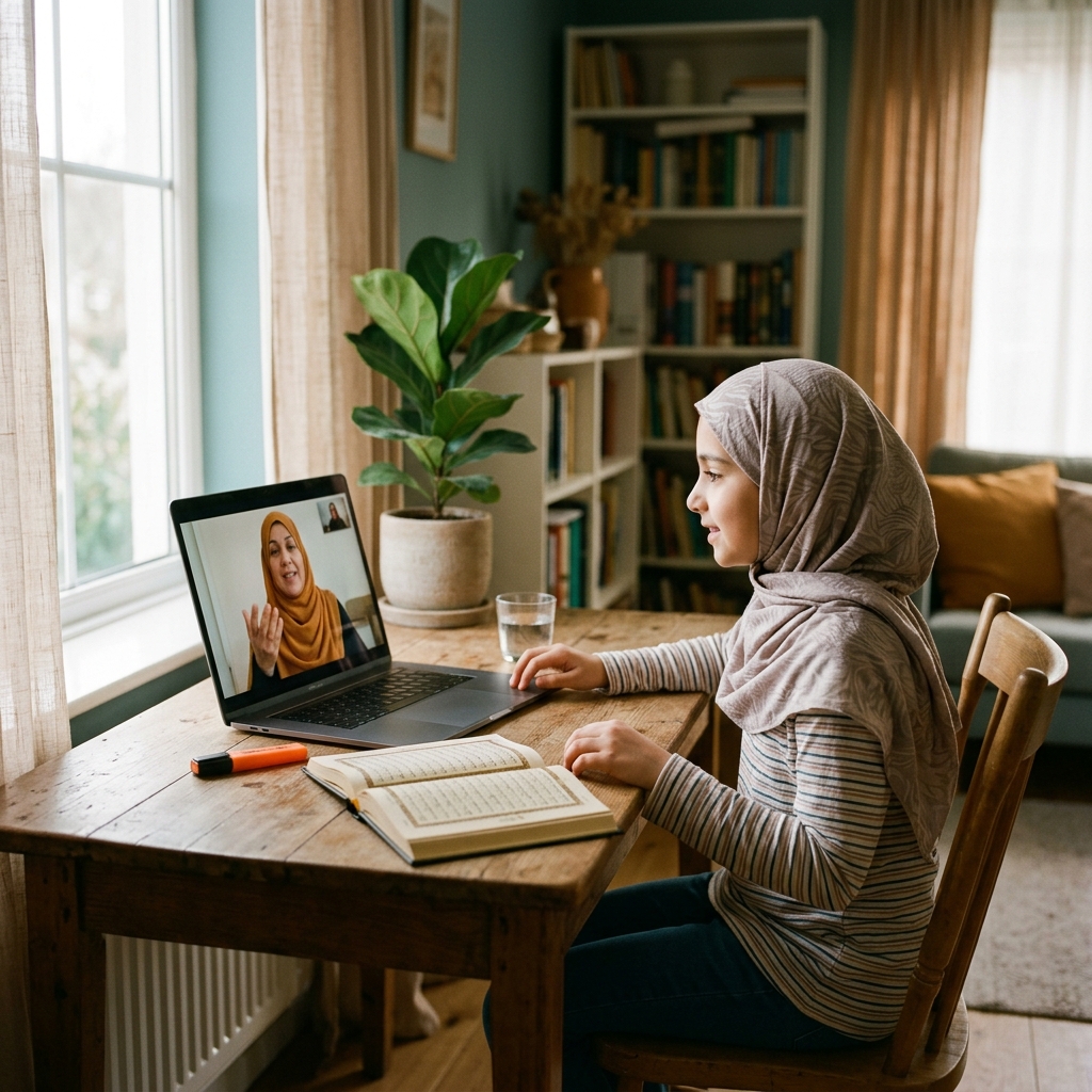 A student joining her live Quran class from a laptop at home