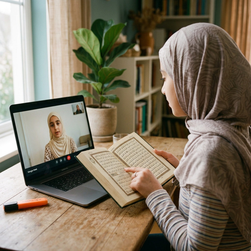 A teacher correcting a student's Quran recitation over video call