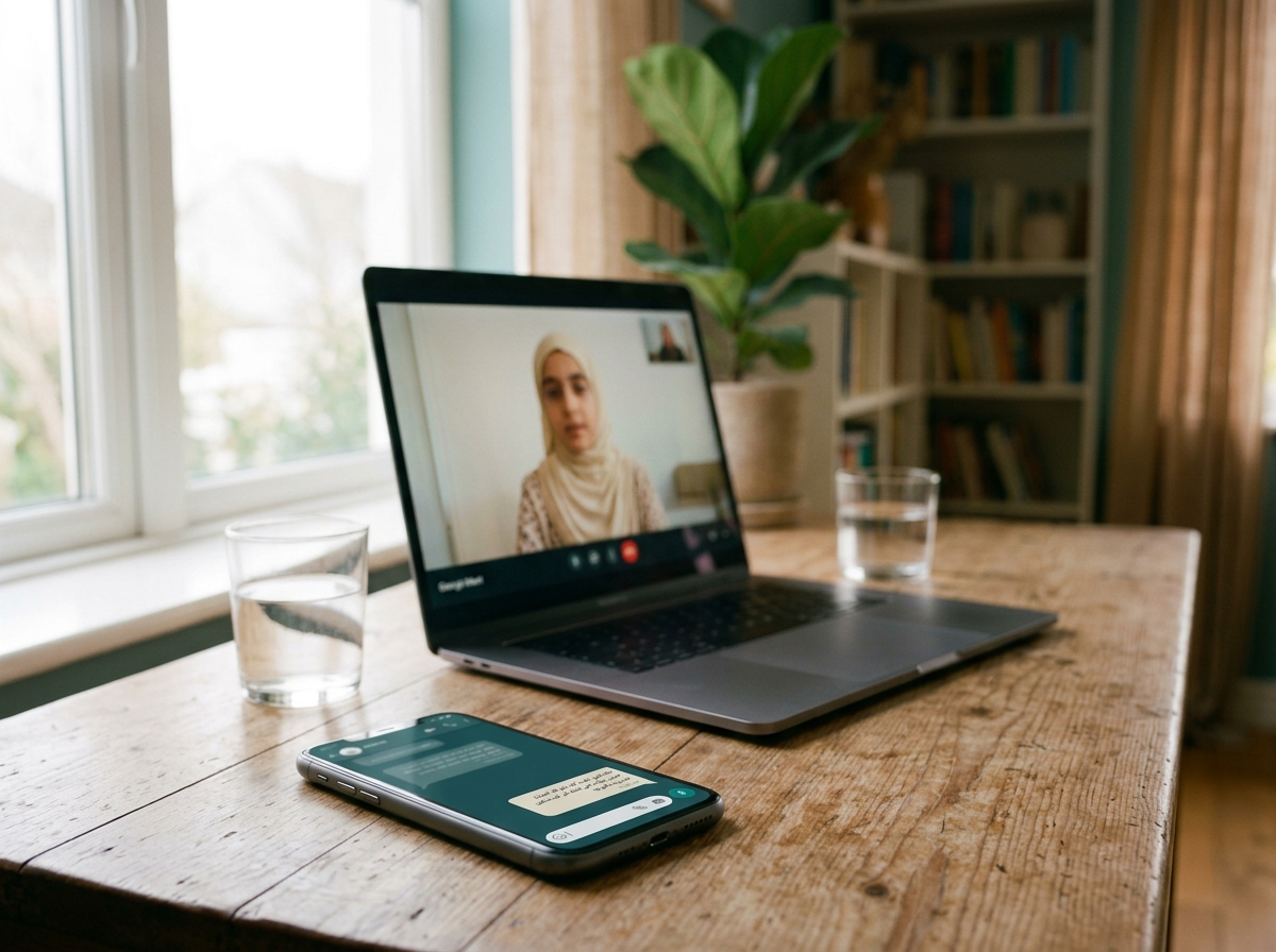 A WhatsApp message next to a laptop showing a live Quran class